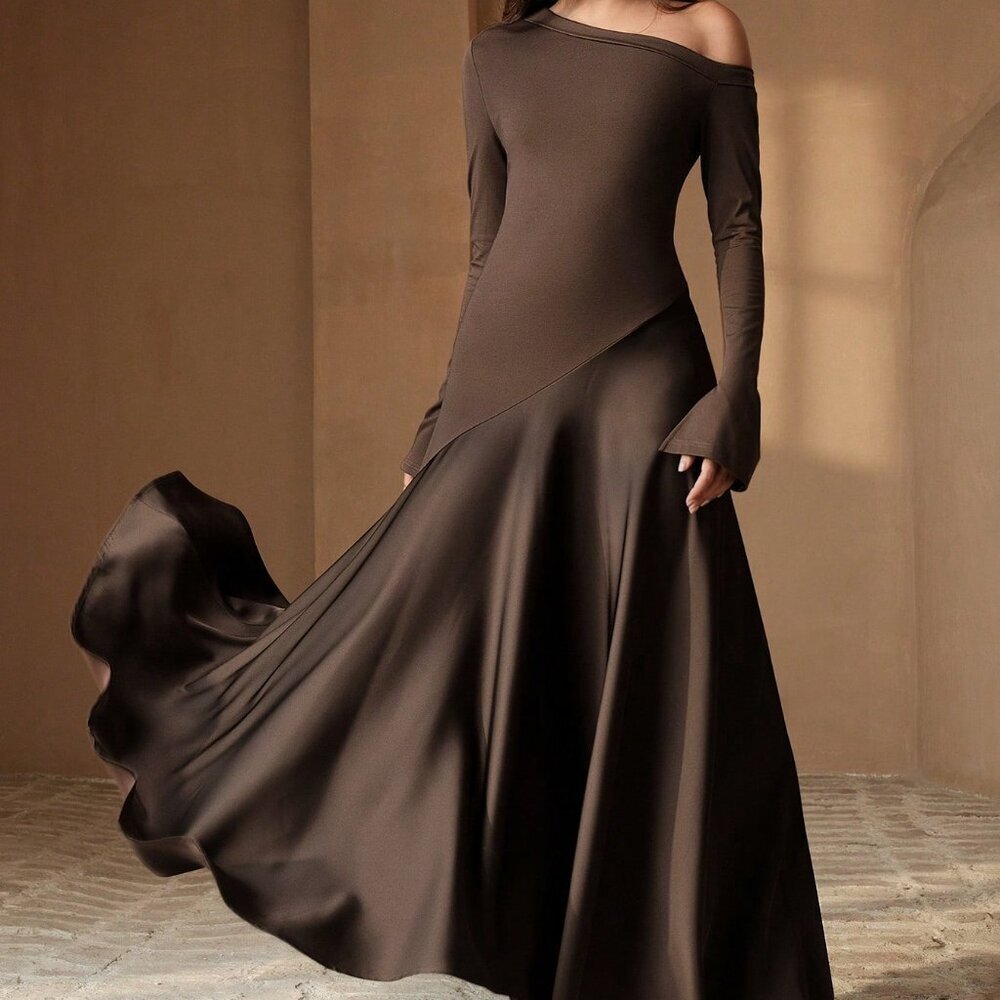 Coffee Brown Elegant Women's High-End Patchwork Slim-Fit Long Sleeve Dress